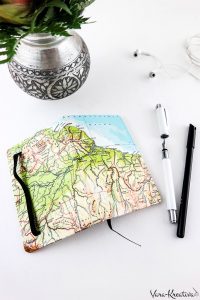 DIY Reisetagebuch, Upcycling, Weltkarte, Atlasupcycling, Notizbuch verschönern, Notizbuch einschlagen, Mod Podge DIY, Vara-Kreativa